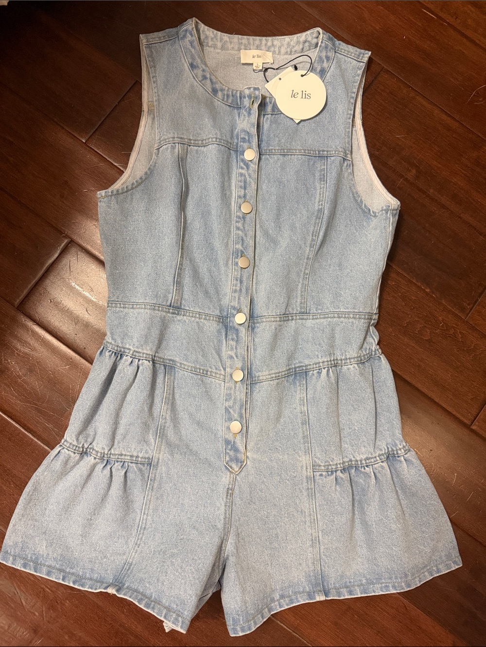 Le Lis Light Blue Denim Sleeveless Tiered Romper